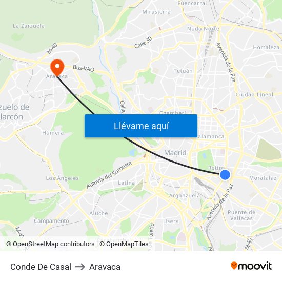 Conde De Casal to Aravaca map