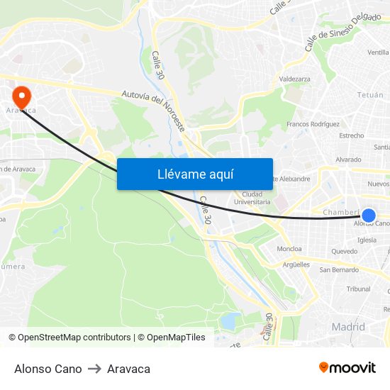 Alonso Cano to Aravaca map