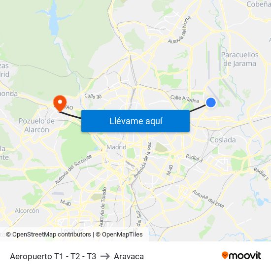 Aeropuerto T1 - T2 - T3 to Aravaca map