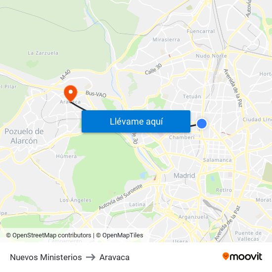 Nuevos Ministerios to Aravaca map