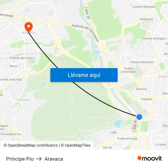 Príncipe Pío to Aravaca map