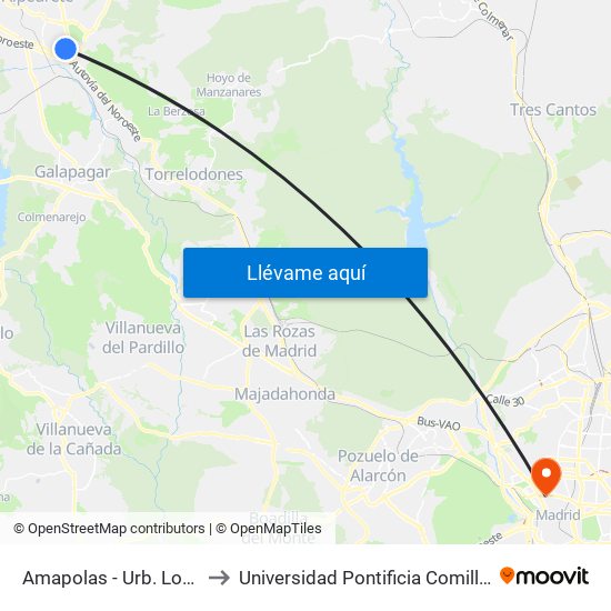Amapolas - Urb. Los Valles to Universidad Pontificia Comillas - Icade map