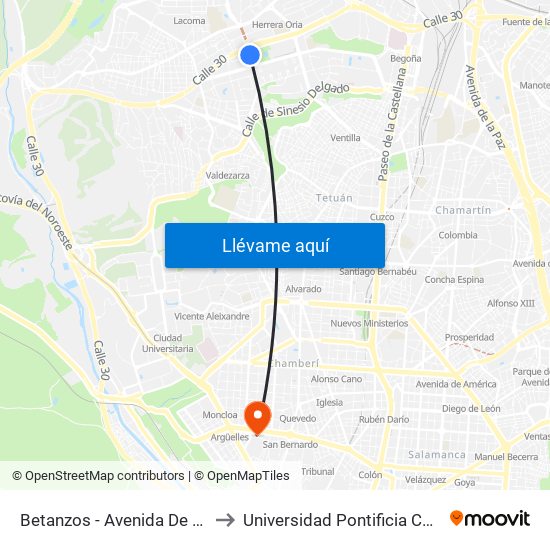 Betanzos - Avenida De La Ilustración to Universidad Pontificia Comillas - Icade map