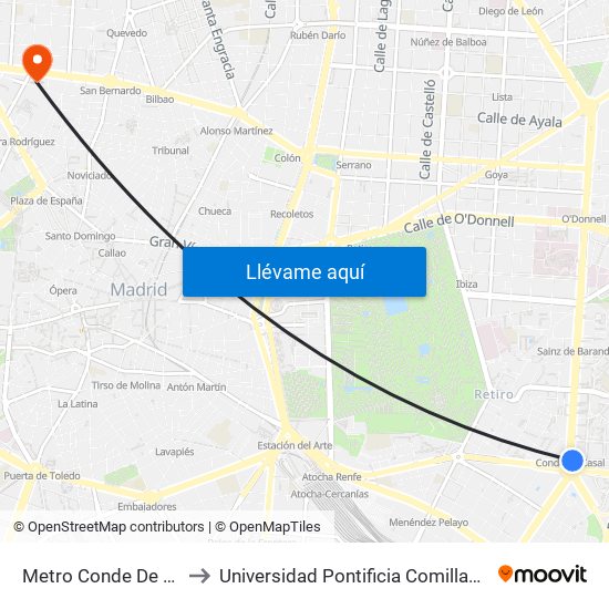 Metro Conde De Casal to Universidad Pontificia Comillas - Icade map