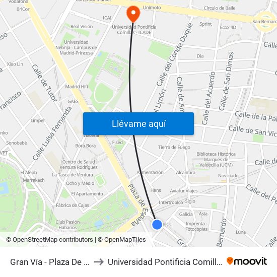 Gran Vía - Plaza De España to Universidad Pontificia Comillas - Icade map
