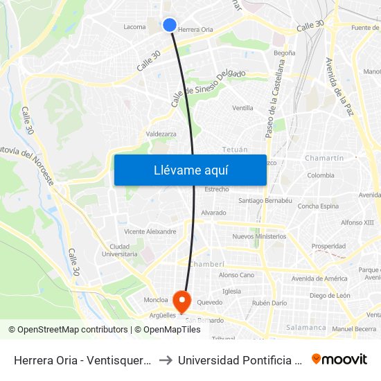 Herrera Oria - Ventisquero De La Condesa to Universidad Pontificia Comillas - Icade map