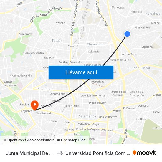 Junta Municipal De Hortaleza to Universidad Pontificia Comillas - Icade map