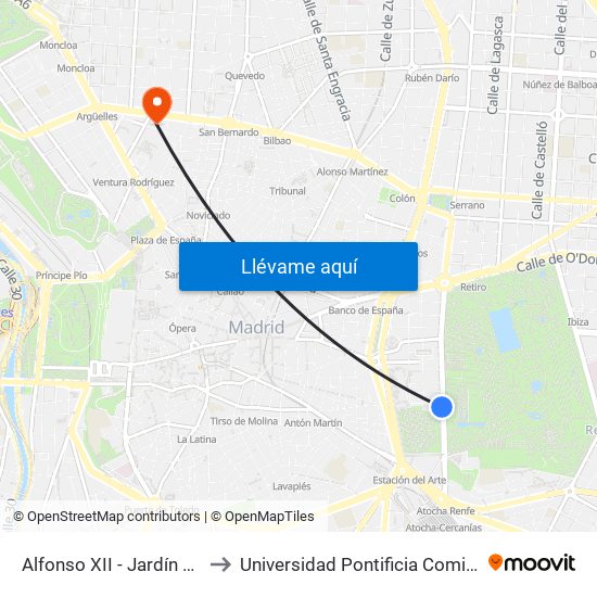 Alfonso XII - Jardín Botánico to Universidad Pontificia Comillas - Icade map