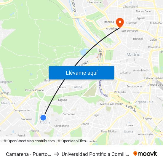 Camarena - Puerto Chico to Universidad Pontificia Comillas - Icade map