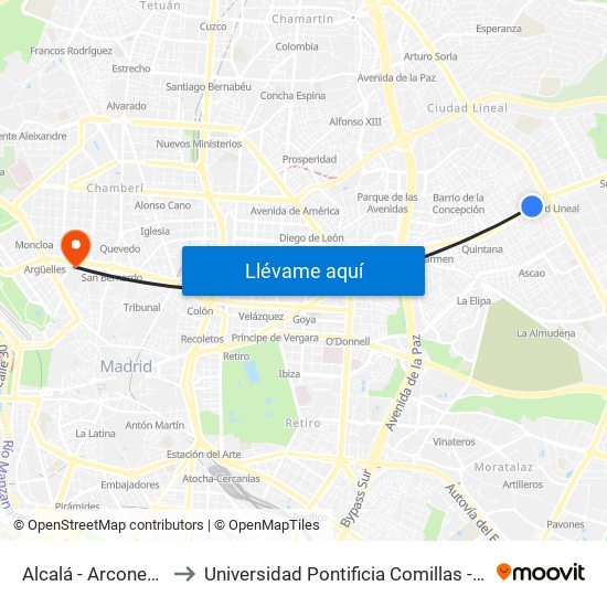 Alcalá - Arcones Gil to Universidad Pontificia Comillas - Icade map