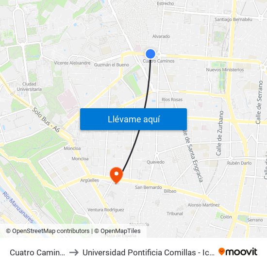 Cuatro Caminos to Universidad Pontificia Comillas - Icade map