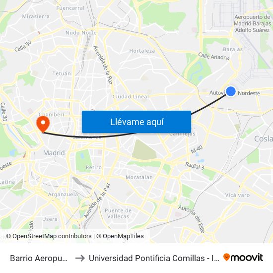 Barrio Aeropuerto to Universidad Pontificia Comillas - Icade map