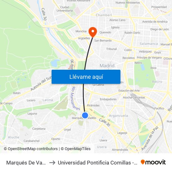 Marqués De Vadillo to Universidad Pontificia Comillas - Icade map