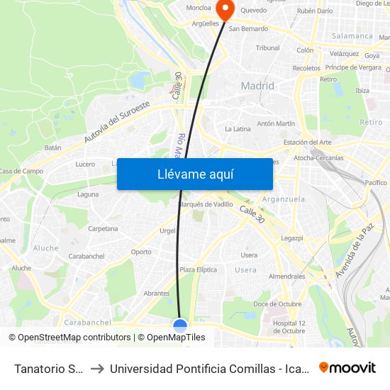 Tanatorio Sur to Universidad Pontificia Comillas - Icade map