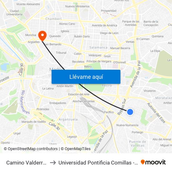 Camino Valderribas to Universidad Pontificia Comillas - Icade map