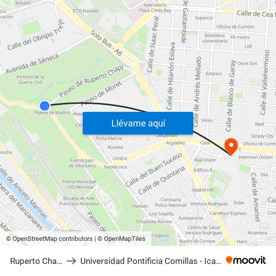 Ruperto Chapí to Universidad Pontificia Comillas - Icade map