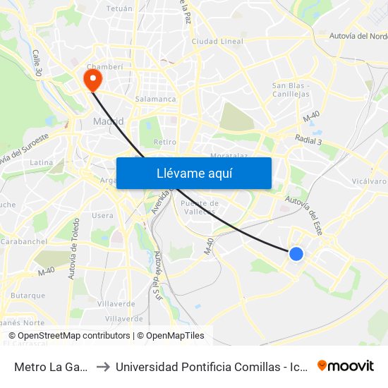 Metro La Gavia to Universidad Pontificia Comillas - Icade map
