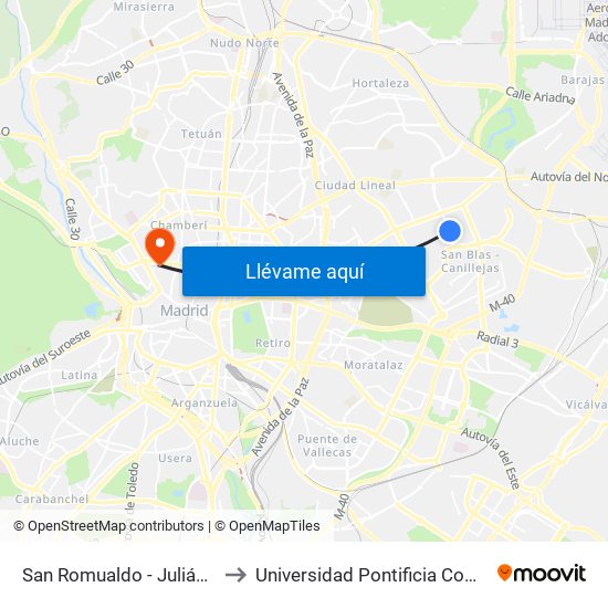 San Romualdo - Julián Camarillo to Universidad Pontificia Comillas - Icade map