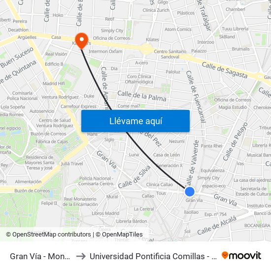 Gran Vía - Montera to Universidad Pontificia Comillas - Icade map