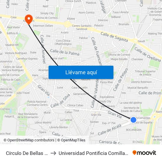 Círculo De Bellas Artes to Universidad Pontificia Comillas - Icade map