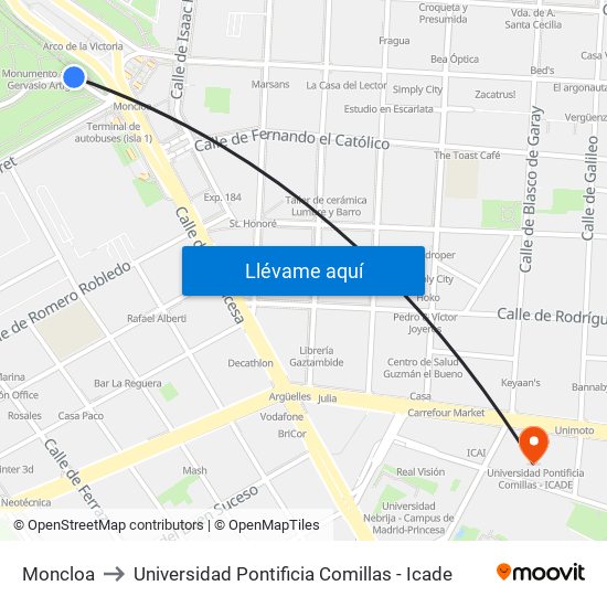 Moncloa to Universidad Pontificia Comillas - Icade map