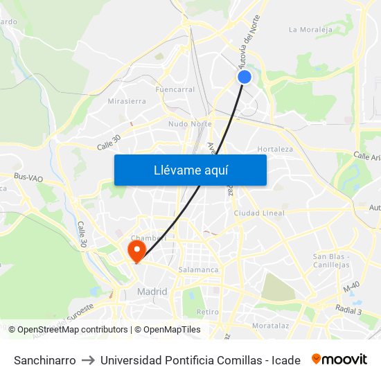 Sanchinarro to Universidad Pontificia Comillas - Icade map