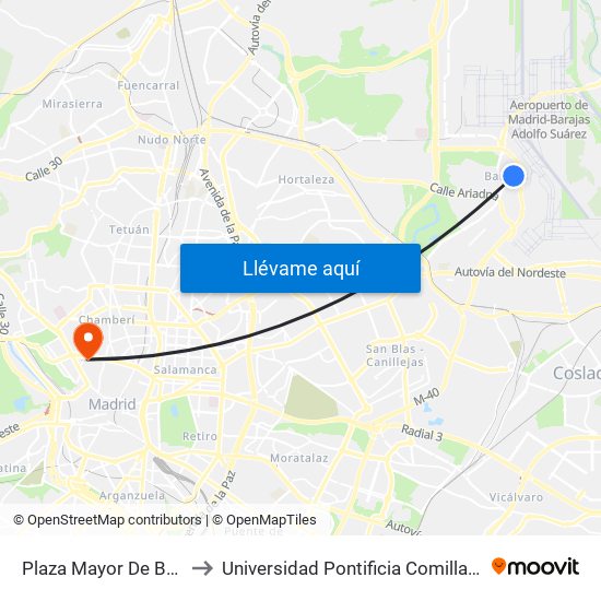 Plaza Mayor De Barajas to Universidad Pontificia Comillas - Icade map