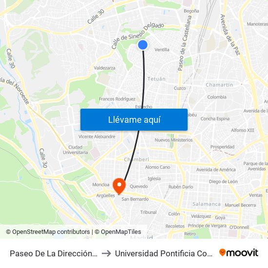 Paseo De La Dirección - Cantueso to Universidad Pontificia Comillas - Icade map