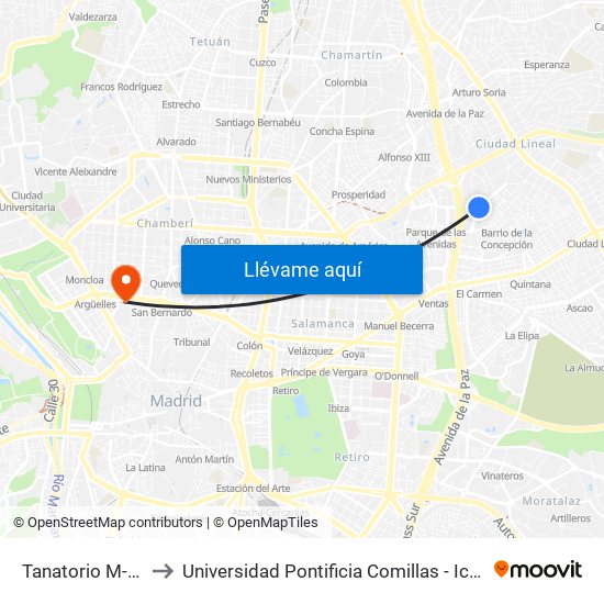 Tanatorio M-30 to Universidad Pontificia Comillas - Icade map