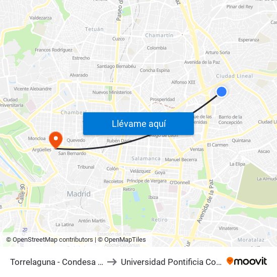Torrelaguna - Condesa De Venadito to Universidad Pontificia Comillas - Icade map