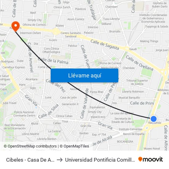 Cibeles - Casa De América to Universidad Pontificia Comillas - Icade map