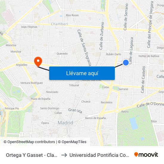 Ortega Y Gasset - Claudio Coello to Universidad Pontificia Comillas - Icade map