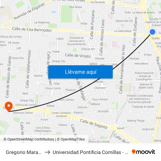 Gregorio Marañón to Universidad Pontificia Comillas - Icade map