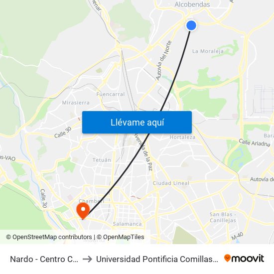 Nardo - Centro Cívico to Universidad Pontificia Comillas - Icade map