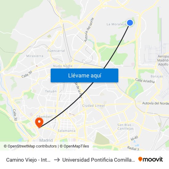 Camino Viejo - Intergolf to Universidad Pontificia Comillas - Icade map