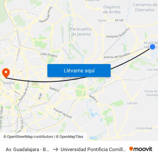 Av. Guadalajara - Brihuega to Universidad Pontificia Comillas - Icade map