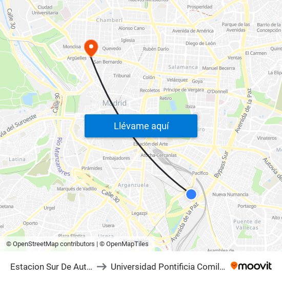 Estacion Sur De Autobuses to Universidad Pontificia Comillas - Icade map