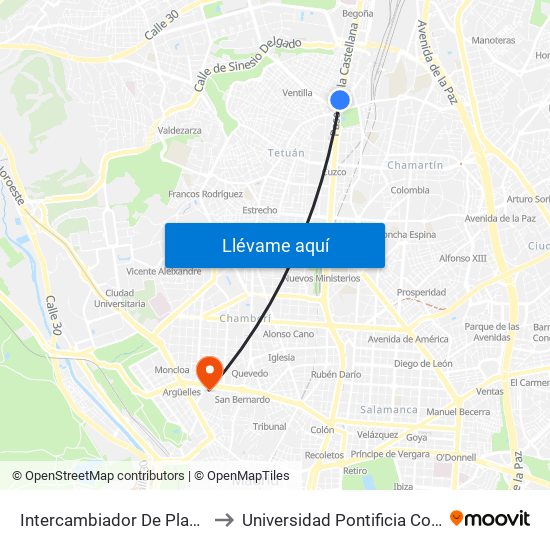 Intercambiador De Plaza De Castilla to Universidad Pontificia Comillas - Icade map