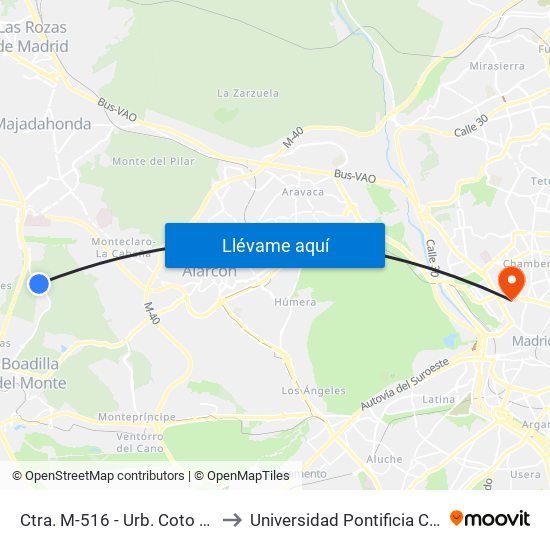 Ctra. M-516 - Urb. Coto De Las Encinas to Universidad Pontificia Comillas - Icade map