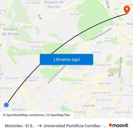 Móstoles - El Soto to Universidad Pontificia Comillas - Icade map