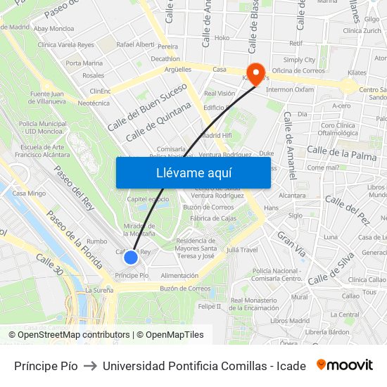 Príncipe Pío to Universidad Pontificia Comillas - Icade map