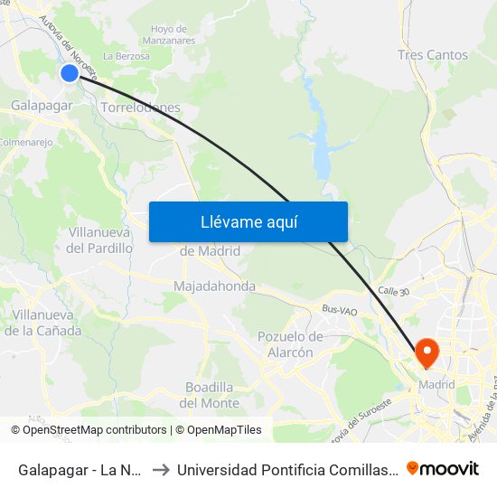 Galapagar - La Navata to Universidad Pontificia Comillas - Icade map