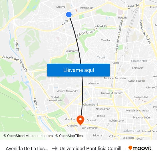 Avenida De La Ilustración to Universidad Pontificia Comillas - Icade map