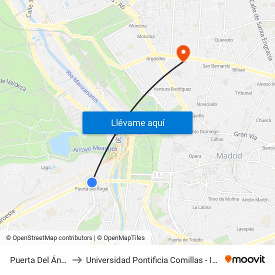 Puerta Del Ángel to Universidad Pontificia Comillas - Icade map