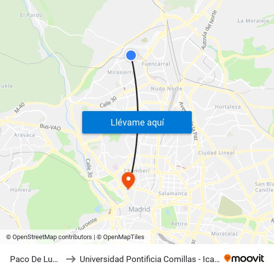 Paco De Lucía to Universidad Pontificia Comillas - Icade map