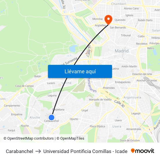 Carabanchel to Universidad Pontificia Comillas - Icade map