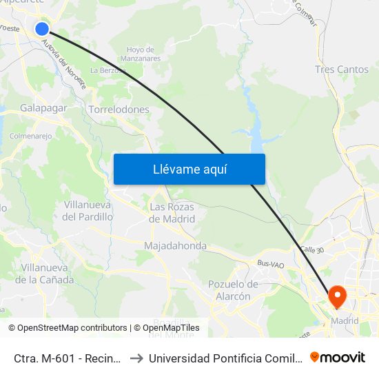 Ctra. M-601 - Recinto Ferial to Universidad Pontificia Comillas - Icade map