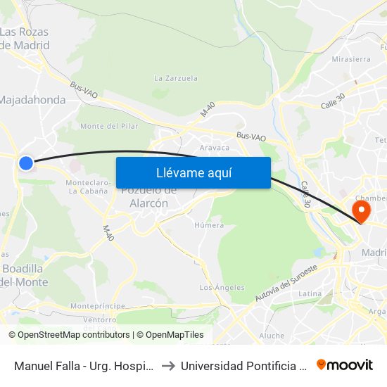 Manuel Falla - Urg. Hospital Pta. De Hierro to Universidad Pontificia Comillas - Icade map