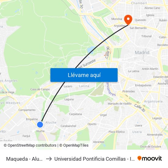 Maqueda - Aluche to Universidad Pontificia Comillas - Icade map