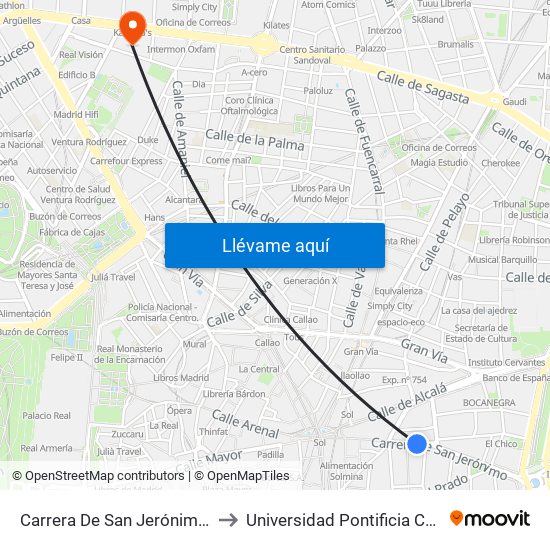 Carrera De San Jerónimo - Cedaceros to Universidad Pontificia Comillas - Icade map